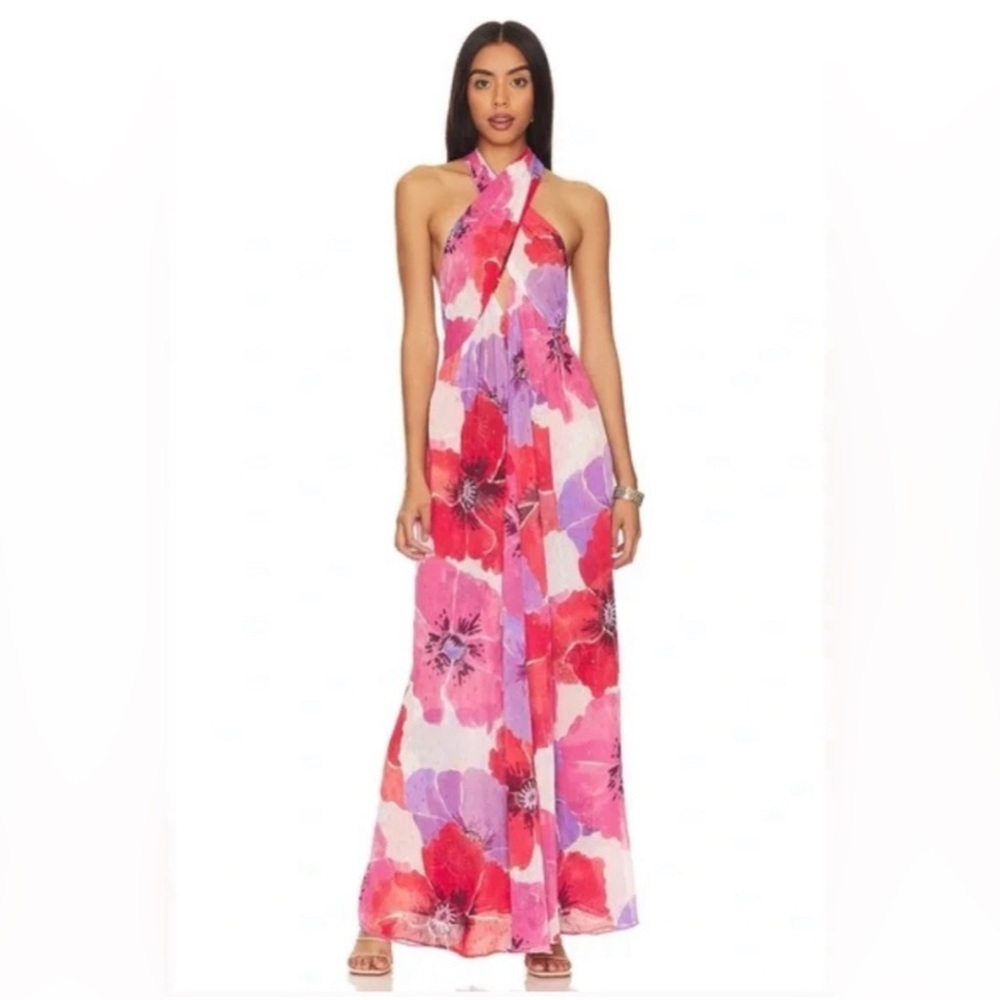 MISA Los Angeles Alexandra Metallic Floral Print Maxi Dress in Poppy Love